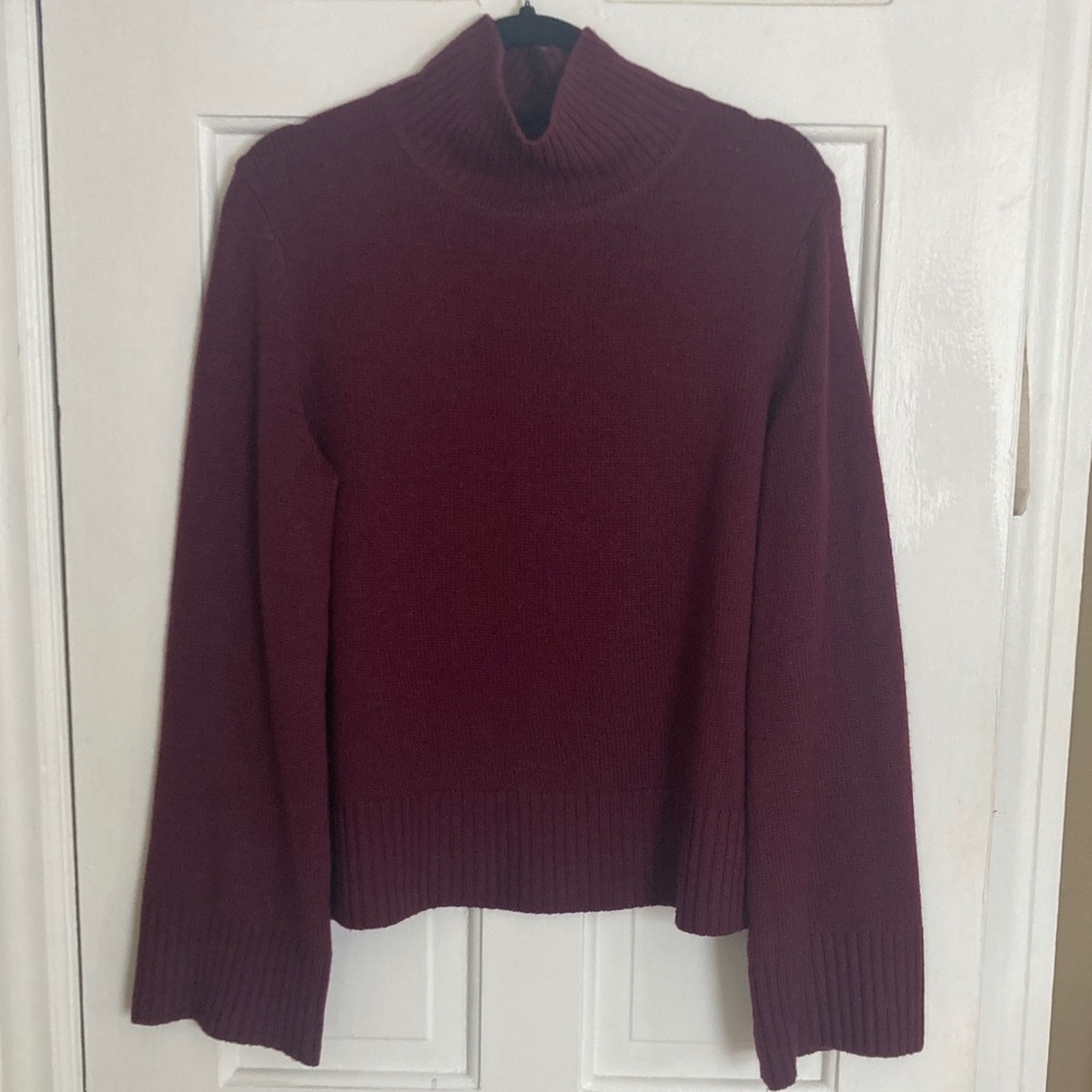 Halston Mock neck bell sleeve burgundy Merino wool sweater